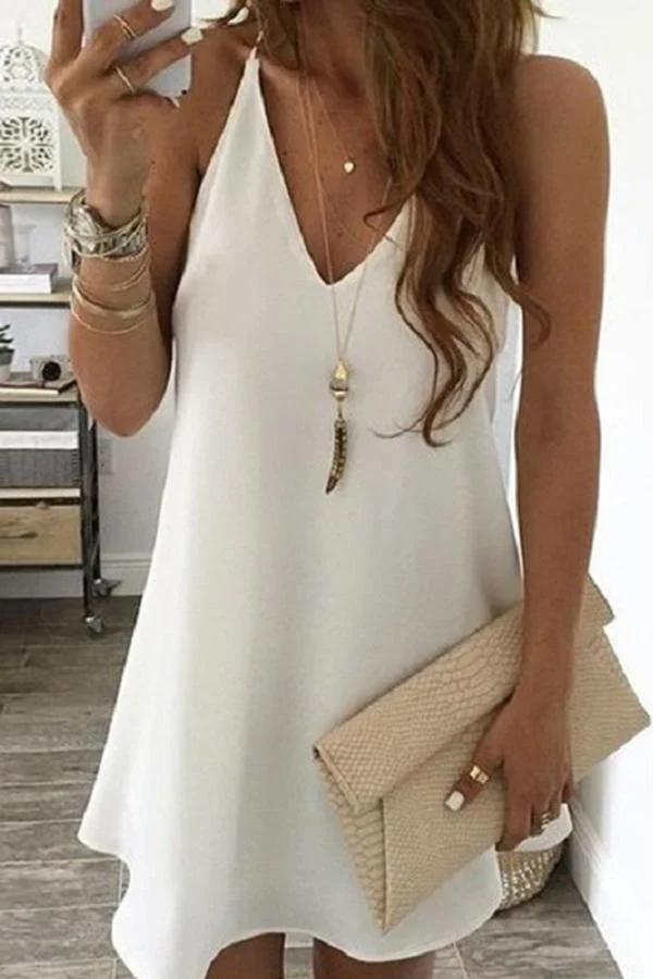 Basic Solid Color Sleeveless V-neck Mini Dress P10133