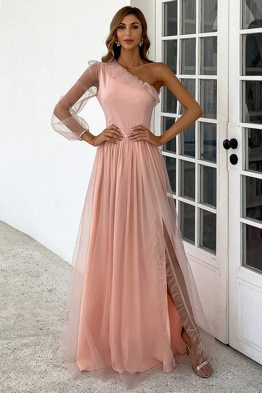 Full-Length Pink One Sleeve Prom Dress Evening Gown - BlackFridayBuys