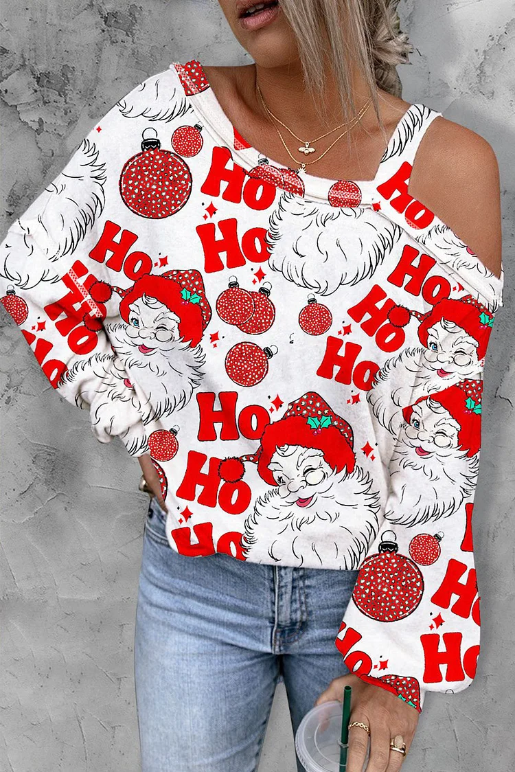 Santa Claus Graphic Asymmetric Dew Shoulder Long Sleeve Top socialshop