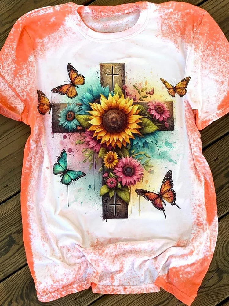 Sunflower Butterfly Cross Tie Dye Crew Neck T-shirt