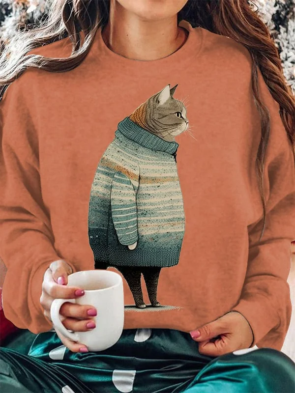Women's Winter Cat Print Sweatshirt