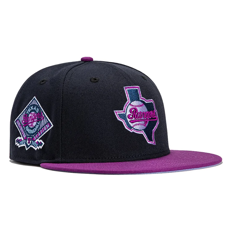 Exclusive New Era 59Fifty Grape Jelly Texas Rangers Stadium Patch Hat- Navy, Purple QueenFunky