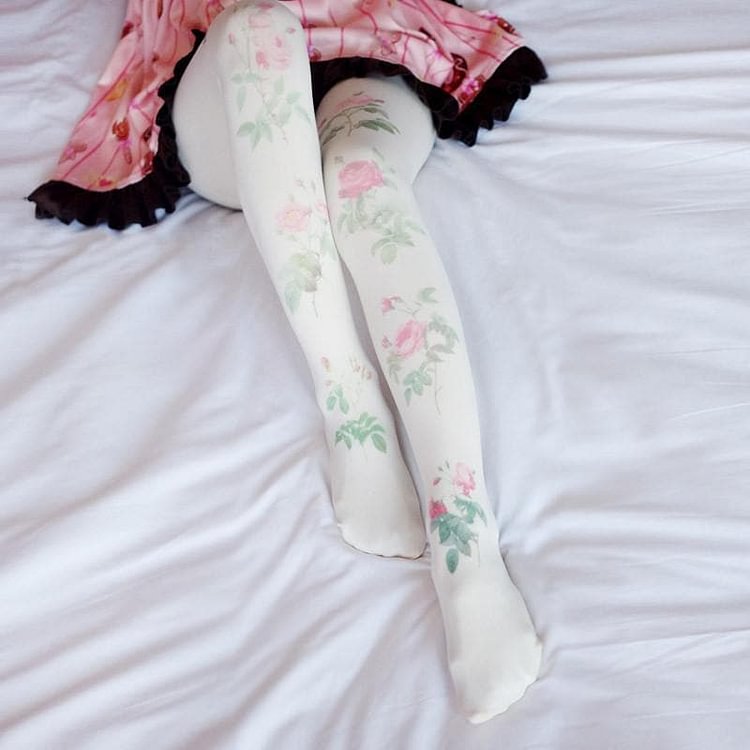 White Rose Garden Stocking Tights Pantyhose SP178821