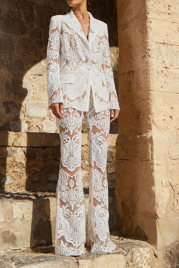 Sequined Decor Glamorous SeeThrough Lace Pant Suit