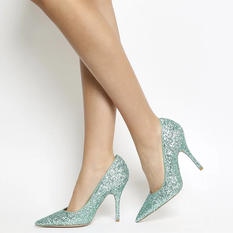 Cyan Sparkly Heels Glitter Pointy Toe Stiletto Heels Pumps |FSJ Shoes