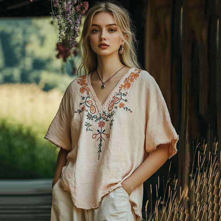 Women's Bohemian Flowers Art Casual Linen Top
