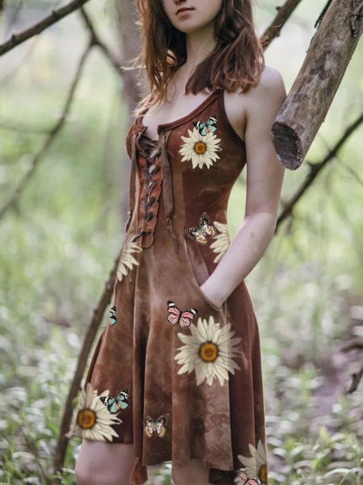 Sunflowers Print Lace Up Tie Dye Mini Dress