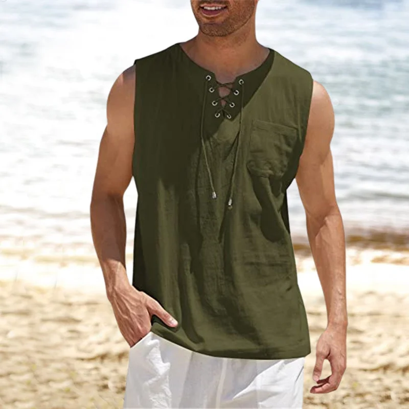 Lace-Up Linen Tank Top-inspireuse