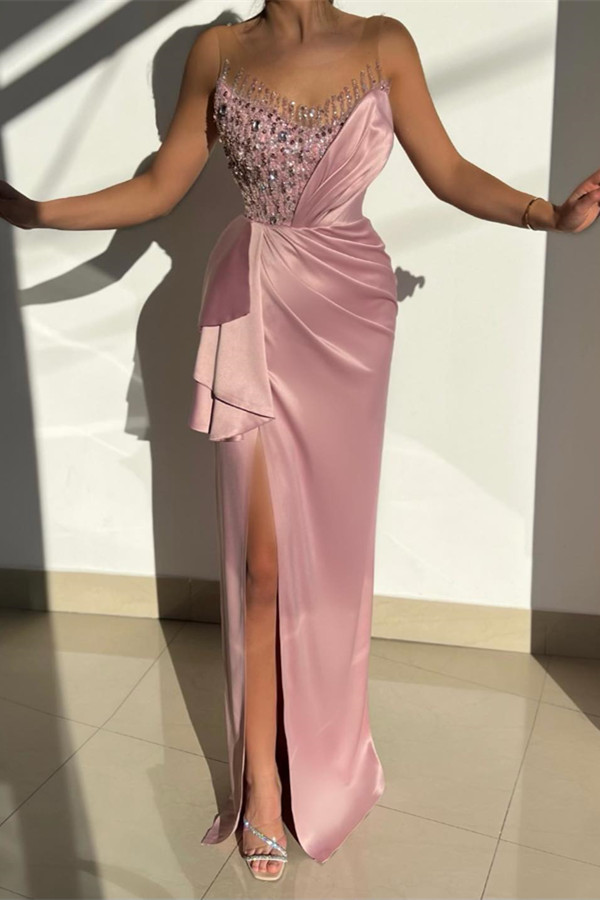 Dresseswow Pink Sleeveless Scoop Mermaid Prom Dress Beads With Split