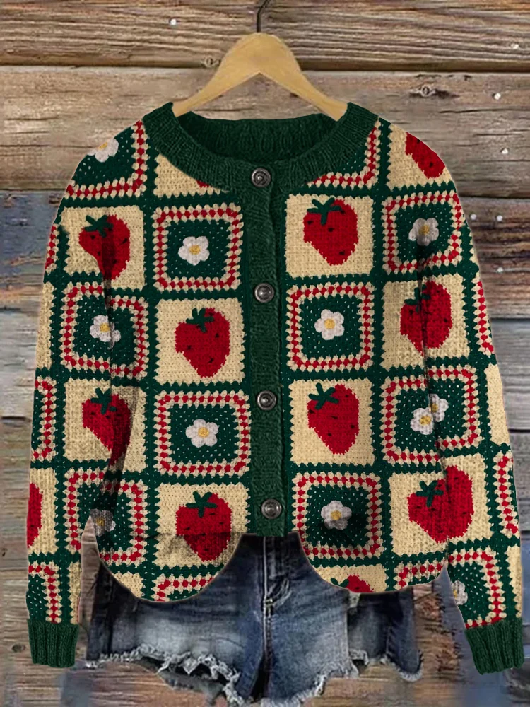 VChics Vintage Strawberry Floral Check Crochet Cozy Cardigan