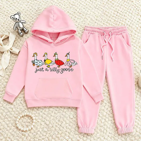 【2Y-13Y】Duck Print Hoodie And Jogger Set For Kids - "Just A Silly Goose" Design