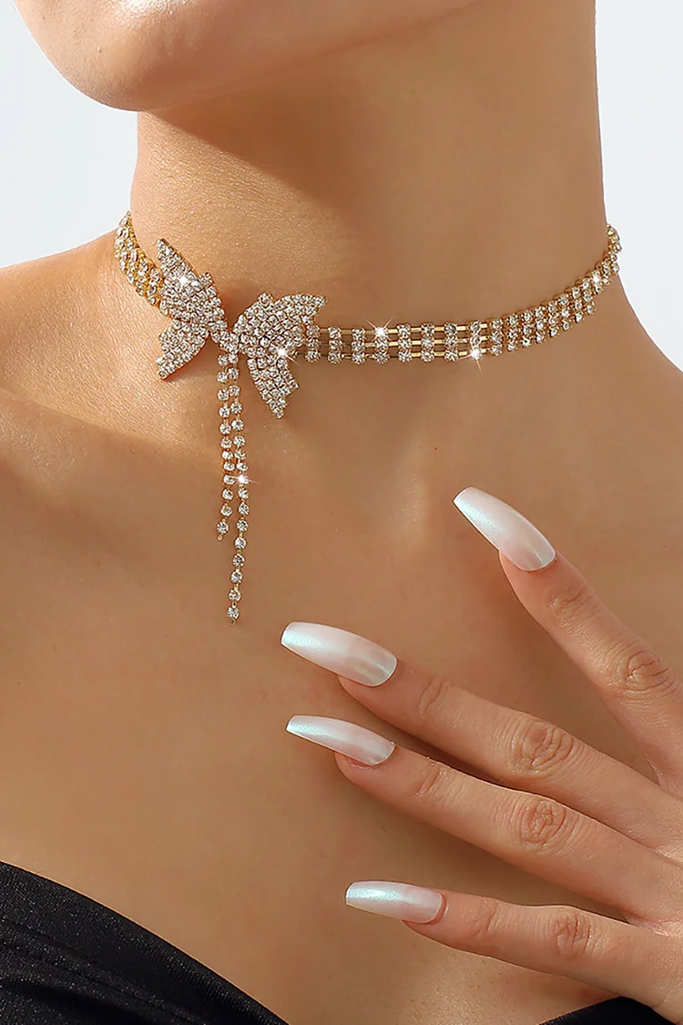 Rhinestone Butterfly Chain Tassel Alloy Necklace