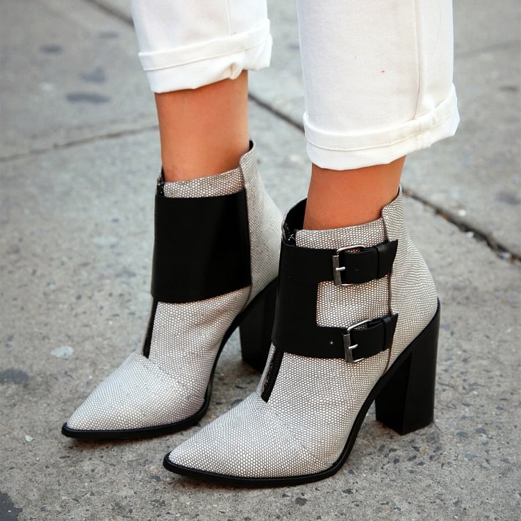 Grey Chunky Heels Ankle Booties Pointy Toe Buckles Boots with Zipper |FSJ Shoes