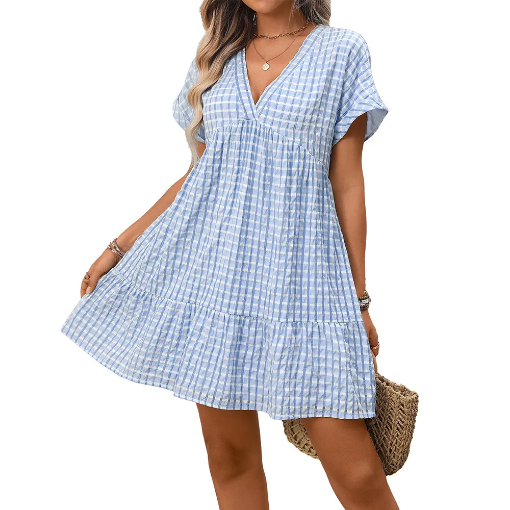 Women's V-Neck Ruffle Short Sleeve Gingham Tiered Mini Dress | 168DEAL