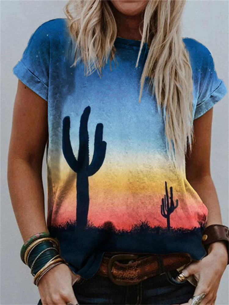 Vefave Western Sunset Cactus Landscape Gradient T Shirt