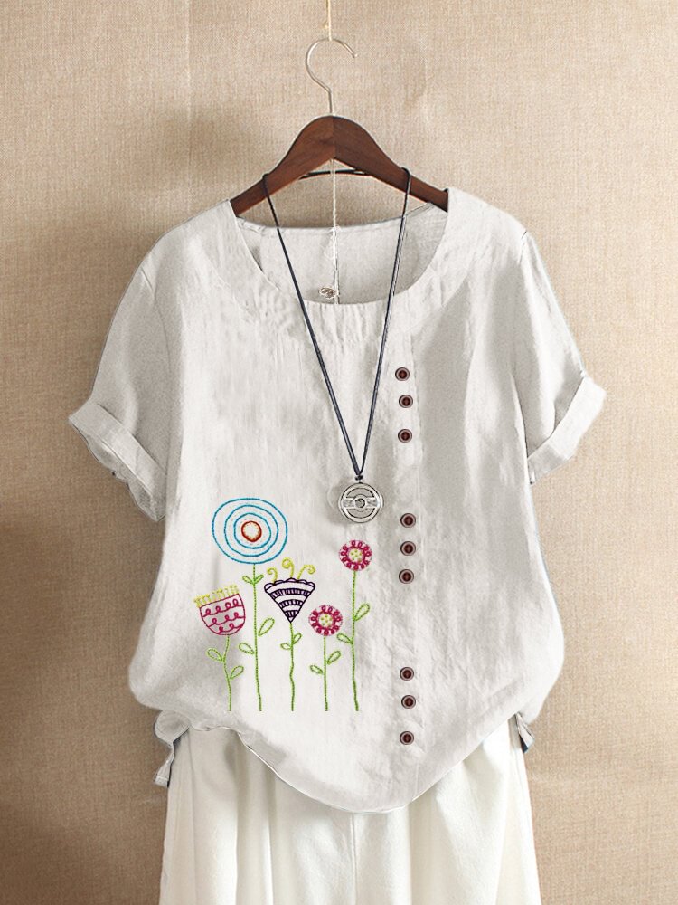 Cartoon Flower Embroidery Short Sleeve T shirt For Women P1667752