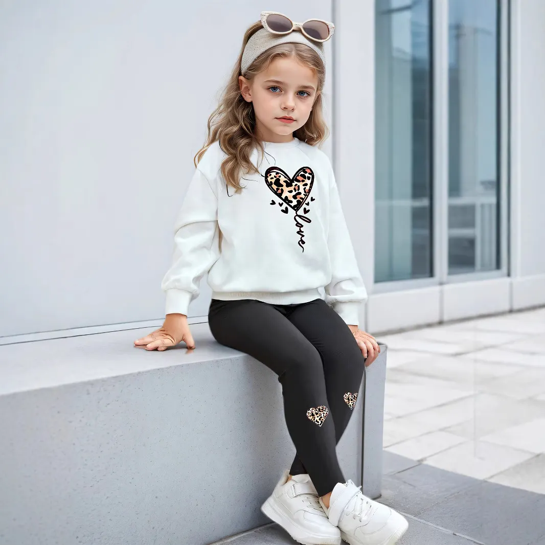 【4Y-13Y】2-piece Girls White Leopard Sweatshirt And Pants Set