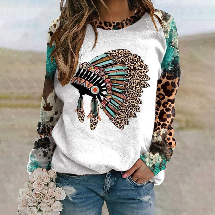 Vefave Leopard Panel Western Print Crew Neck Sweatshirt