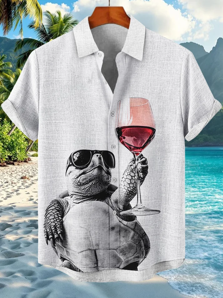 Men's Cool Turtle And Red Wine Print Short Sleeve Shirt