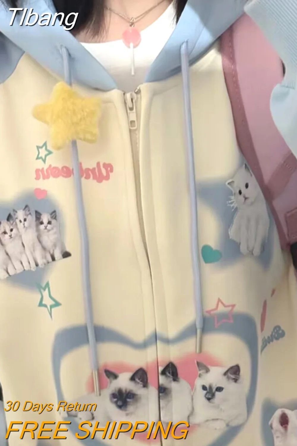 Tlbang Sky Blue Cotton Zipper Hoodie Jackets Kitten Cats Cute Y2K Print Sweatshirt Coat Loose Oversized Korean Kawaii Clothes