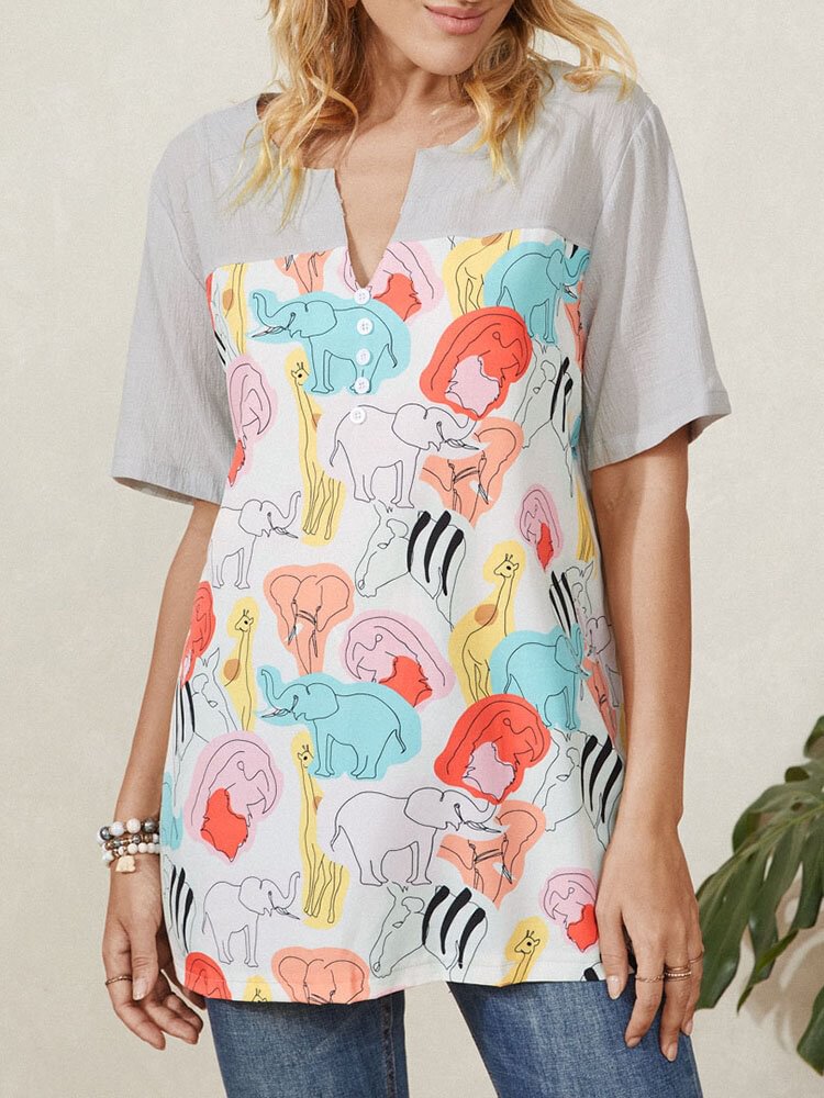 Women Multi color Elephant Print Button Short Sleeve Loose V neck T Shirt P1834636