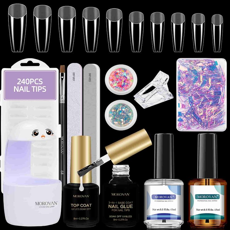 Nail Tips and Glue Gel Kit - 3 in 1 Nail Glue Gel and Top Coat with 240PCS Clear Fake Coffin Nails Tips