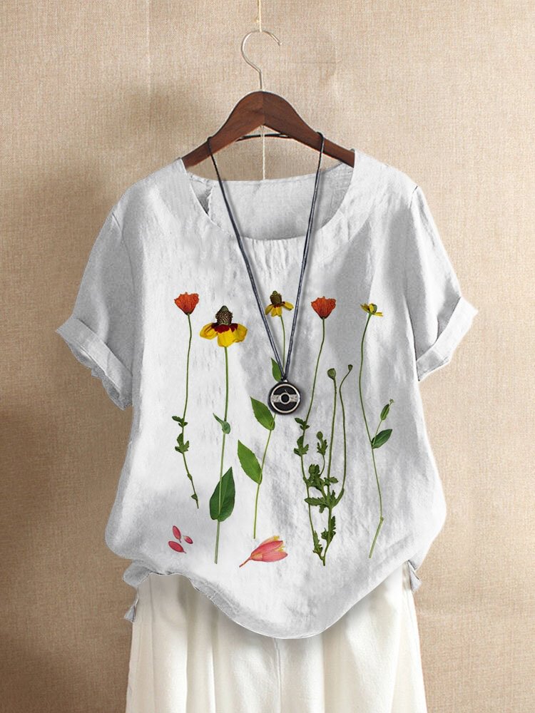 Women Short Sleeve Flower Print O neck Vintage T Shirt P1846936