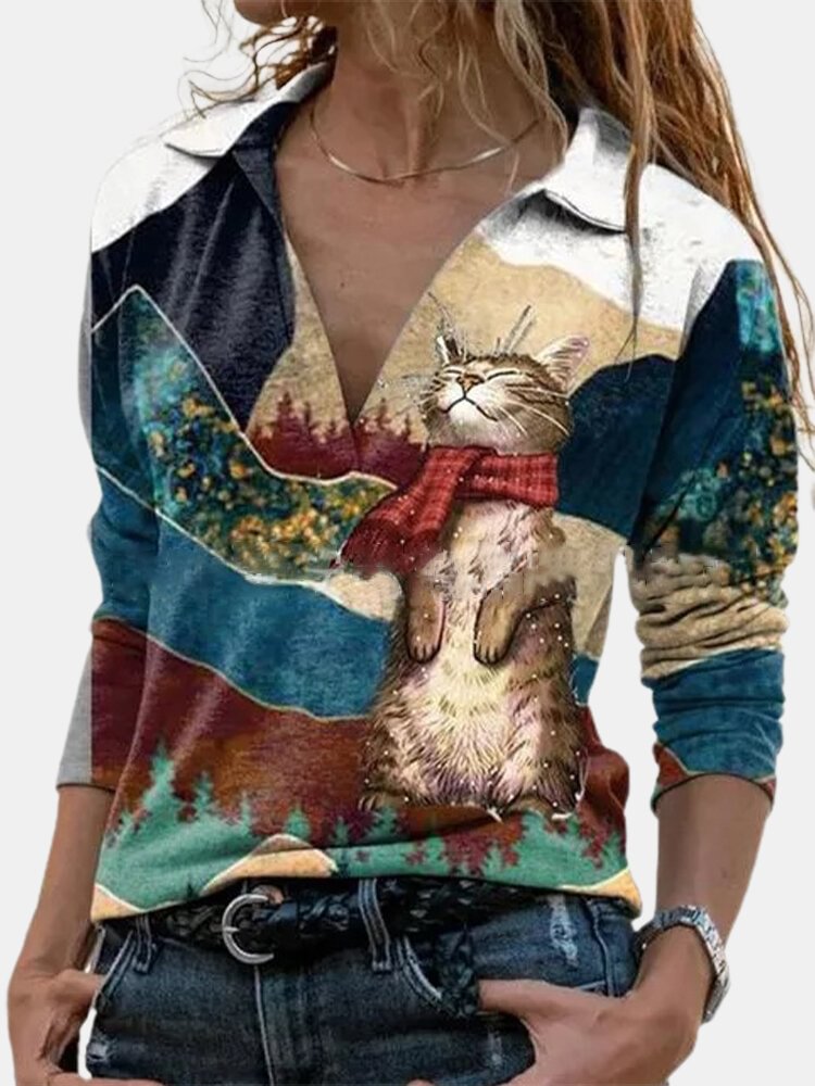 Cat Print Patchwork Long Sleeve Casual Blouse For Women P1783534