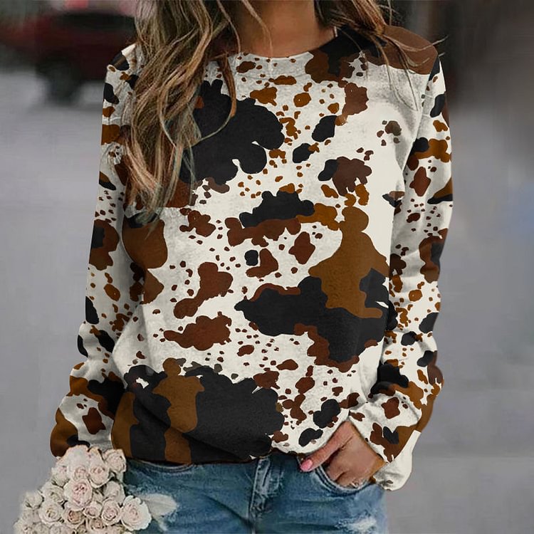 VChics Western Cowhide Printed Round Neck Casual Sweatshirt