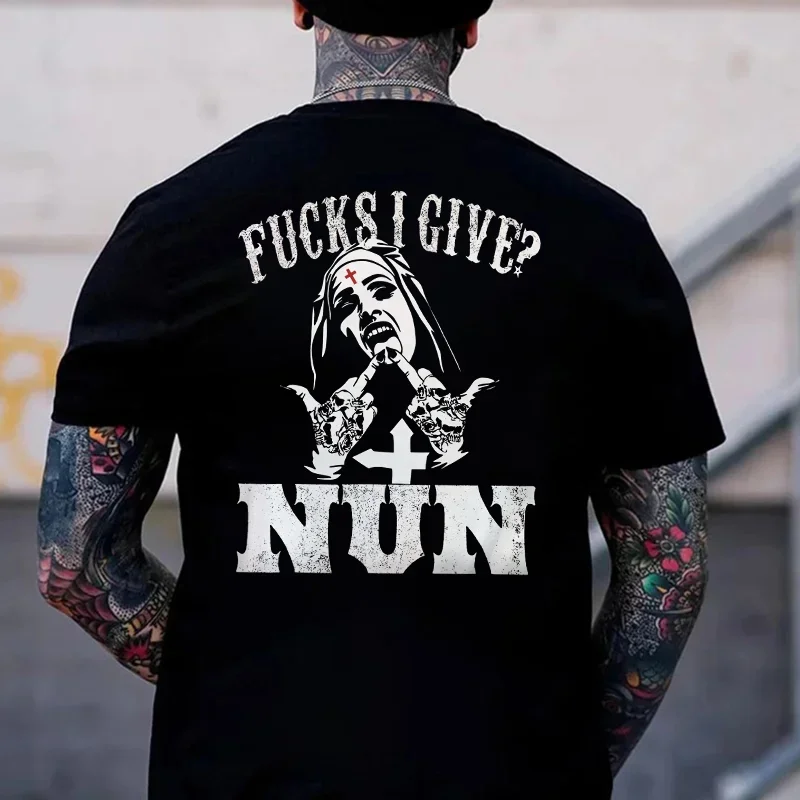 FUCKS I GIVE Uninhibited Nun Graphic Black Print T-shirt