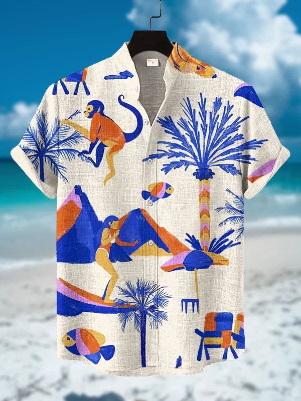 Men's Seaside Holiday Watercolor Painting Print Casual Shirt