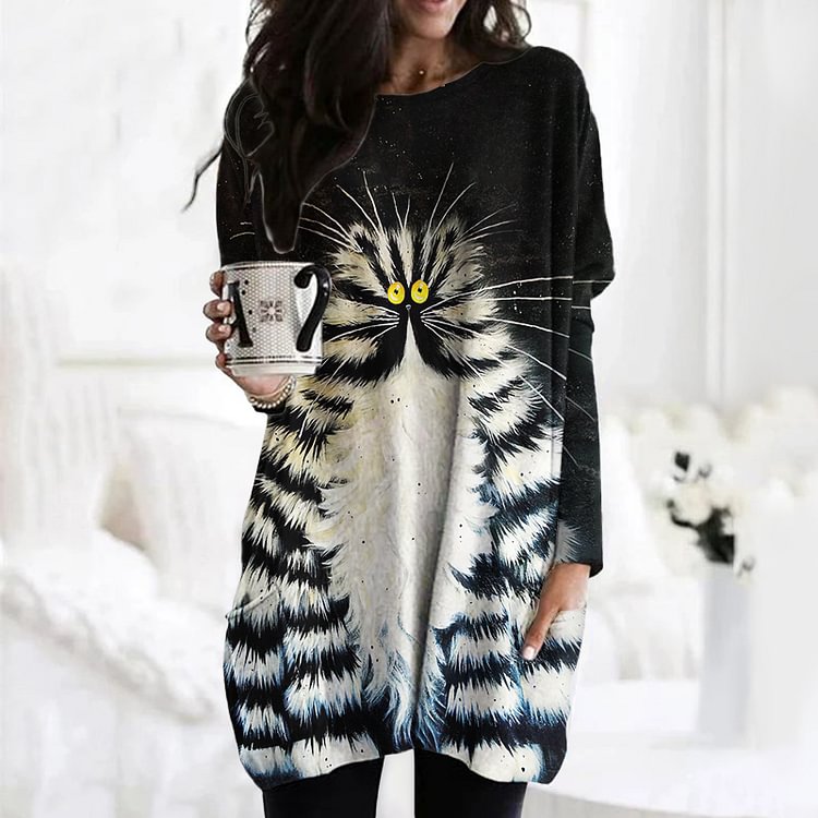 Vefave Cat Print Crew Neck Long Sleeve Pocket Tunic