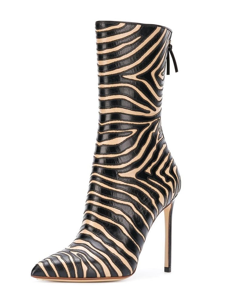 Black and Khaki Zebra Pointy Toe Stiletto Boots Fashion Ankle Booties |FSJ Shoes
