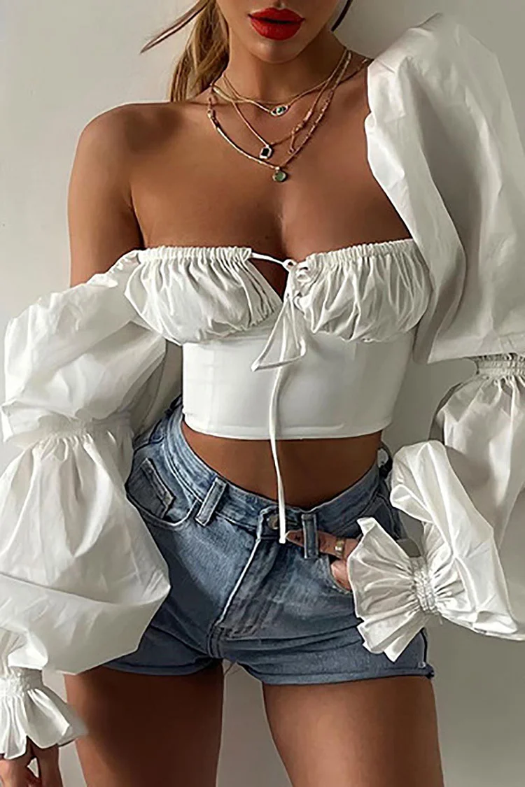 Puff Sleeve Ruffle Cuff Ruched Square Neck Tie Up Crop Top