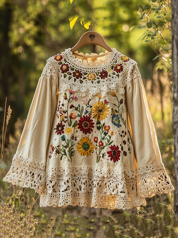 Vintage Floral Blouse Women Cotton Embroidered Flowing Sleeves