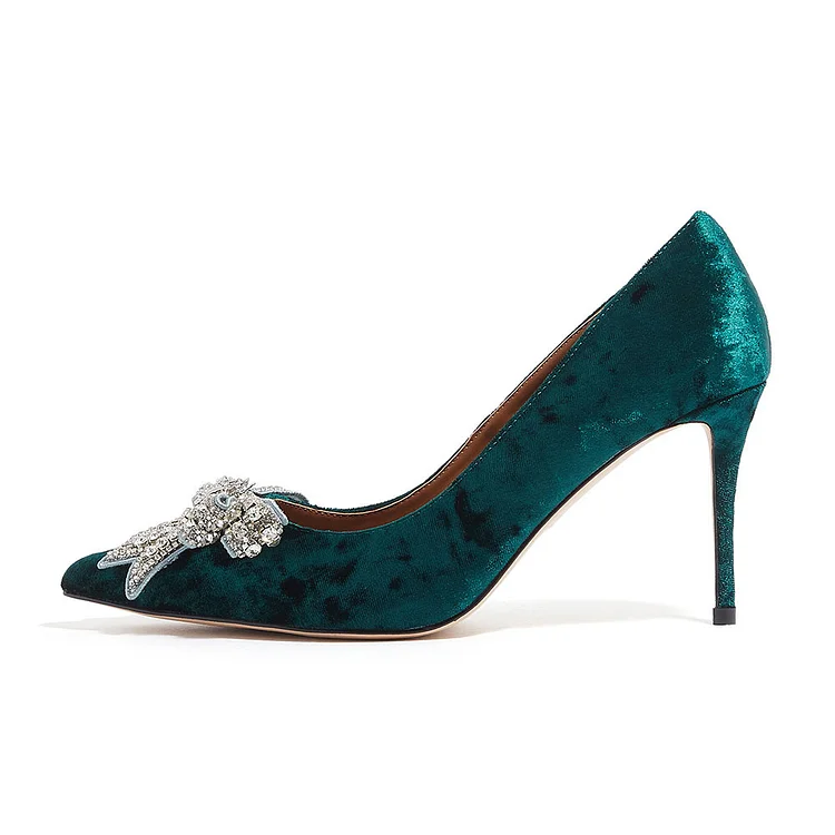 FSJ Green Velvet Pointed Toe Pumps Shoes Elegant Crystal Bow Heels |FSJ Shoes