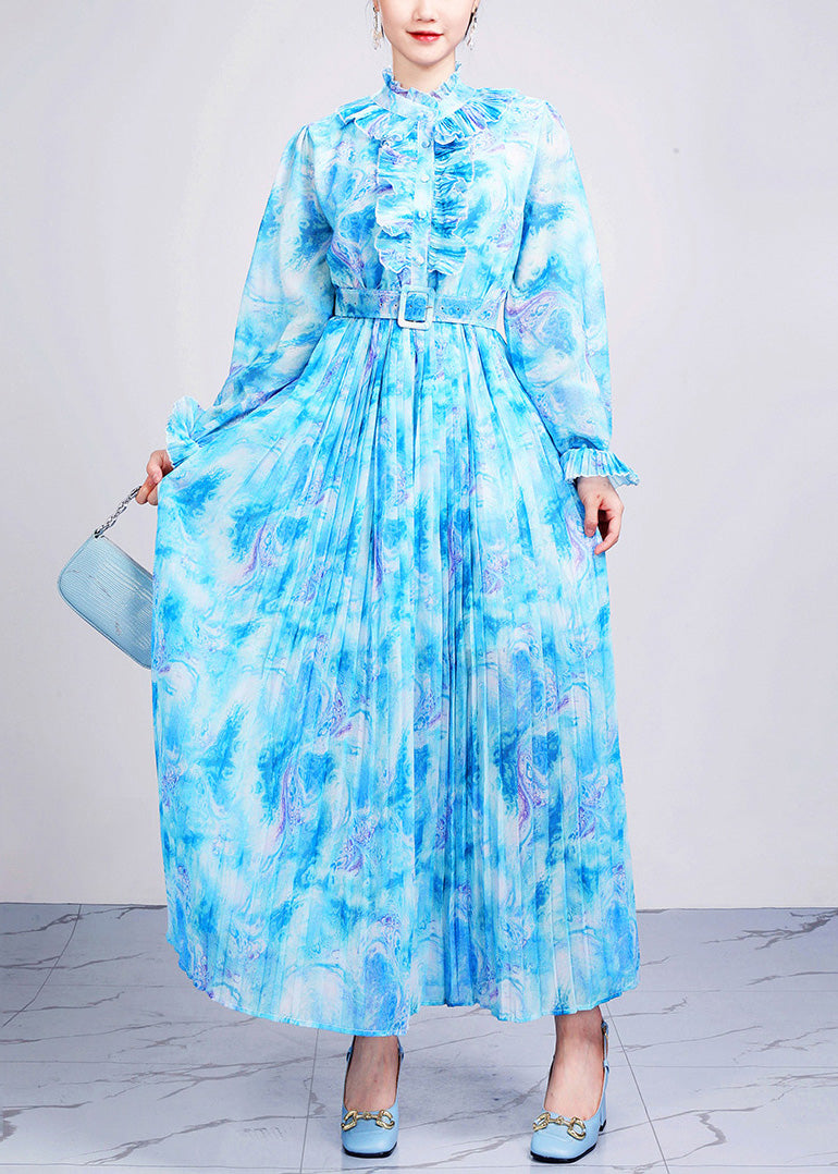New Blue Ruffled Print Cotton Long Dress Summer main image 0