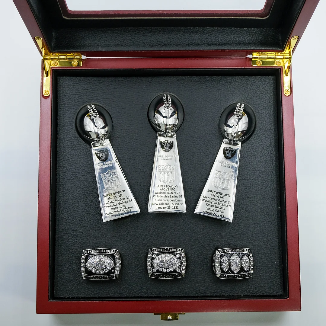 【 OAKLAND RAIDERS】Set 3 Trophys and 3 Pcs Rings  Championship Super Bowl + Box NFL