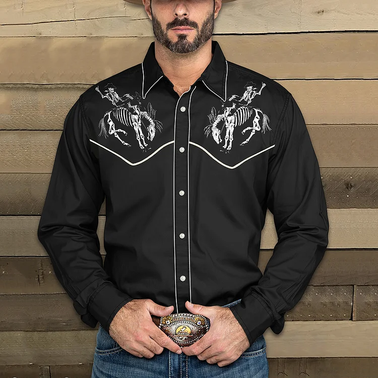 BrosWear Fashion Black Western Cowboy Print Shirt