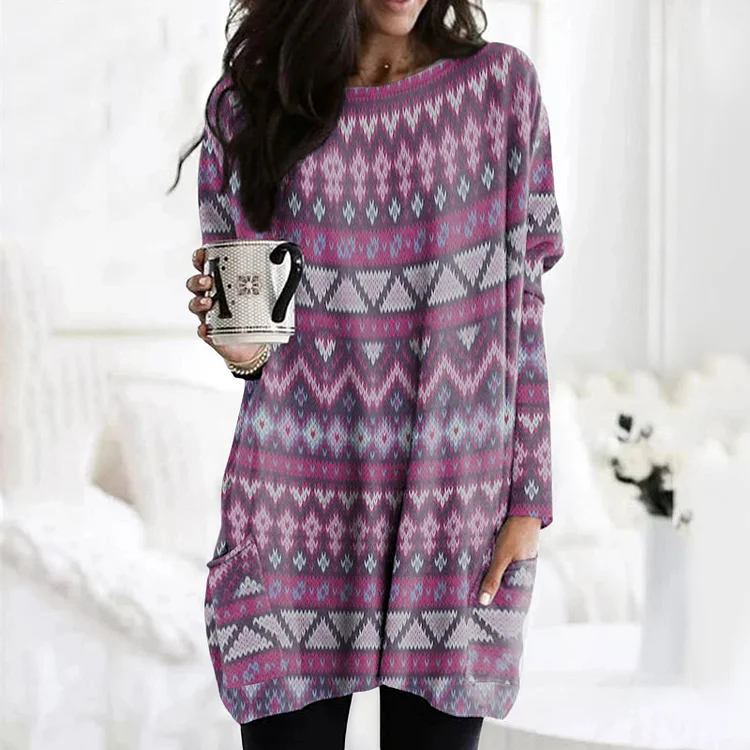 Vefave Vintage Sweater Pattern Print Long Sleeve Pockets Tunic