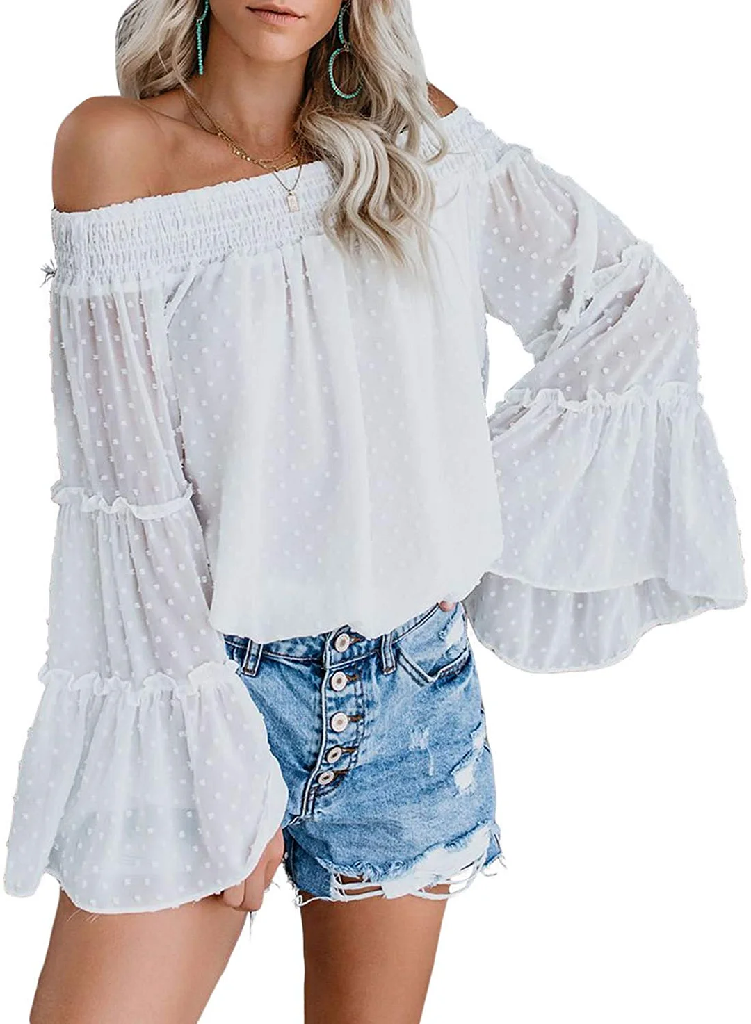 Womens Dot Printed Off The Shoulder Flared Bell Sleeve Tops Casual Loose Chiffon Blouses T-Shirt