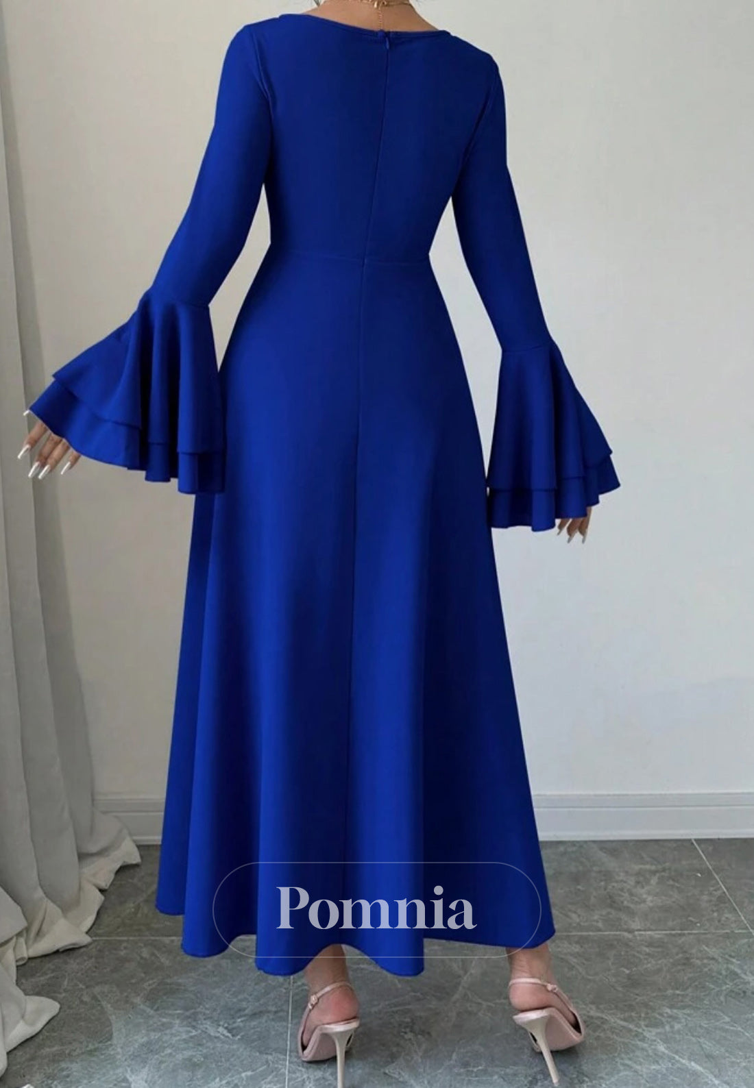 Royal Blue A-Line Scoop Long Sleeves Empire-Waist Evening Dress