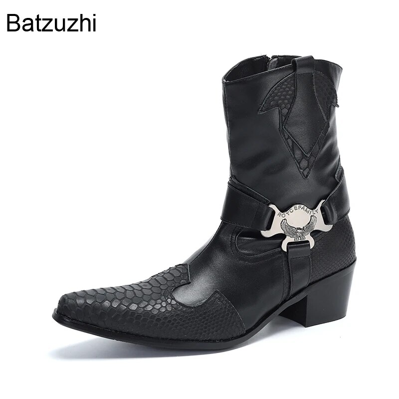 Black Leather Boots Men Mid-calf Zip Western Cowboy Leather Men's Boots 6.5cm Heels Pointed Toe Zapatos Hombre