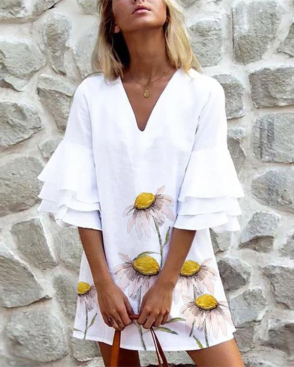 floral ruffle sleeve straight dresses p244807