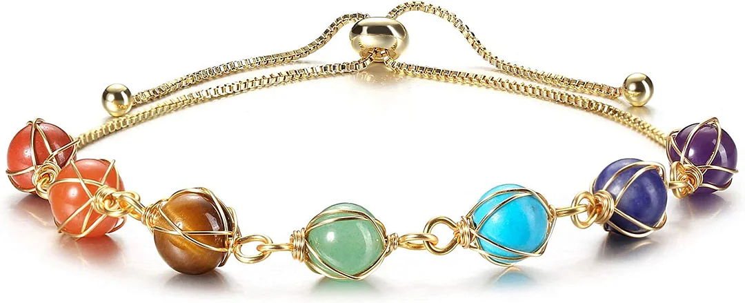 Jovivi 7 Chakra Stones Bracelets for Women Girls Adjustable 14K Gold Wire Wrapped 8mm Natural Round Gemstone Beads Reiki Healing Crystal Ankle Bracelet Yoga Energy Jewelry