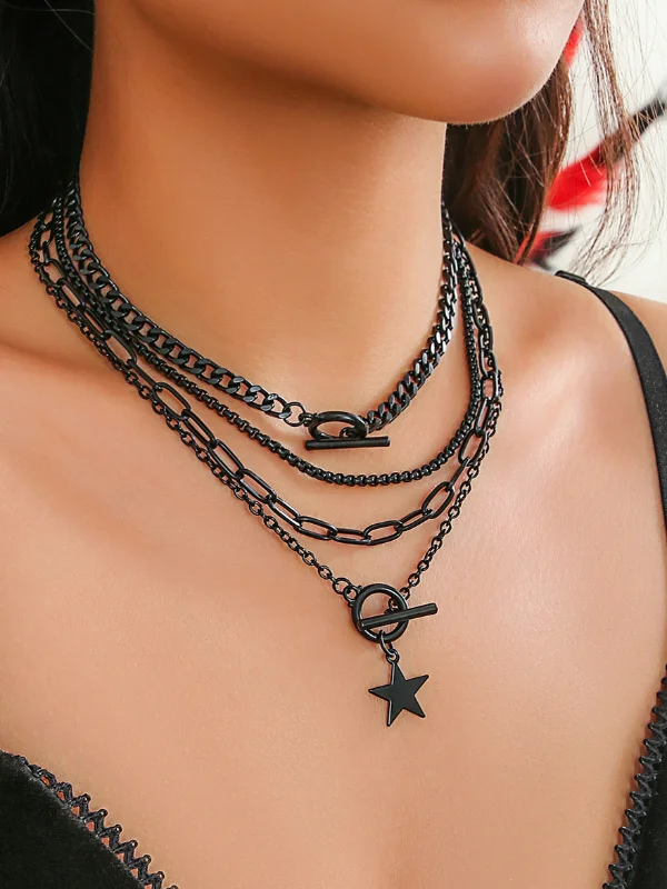 Gothic Dark Halloween Star Geometry Layered Necklace