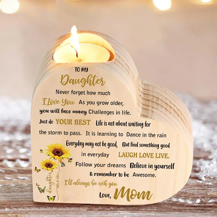 To My Daughter Wooden Heart Candle Holder Sunflowers Candlesticks "I'll always be with you"