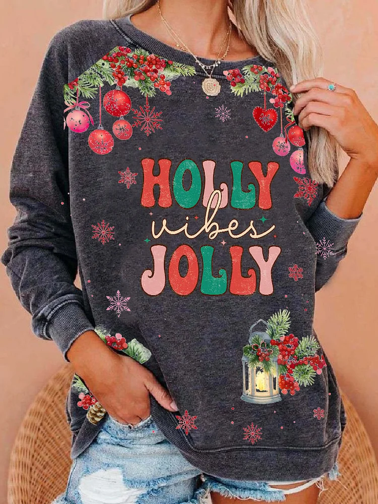 Women's Holly Jolly Print Casual Crew Neck Sweatshirt socialshop