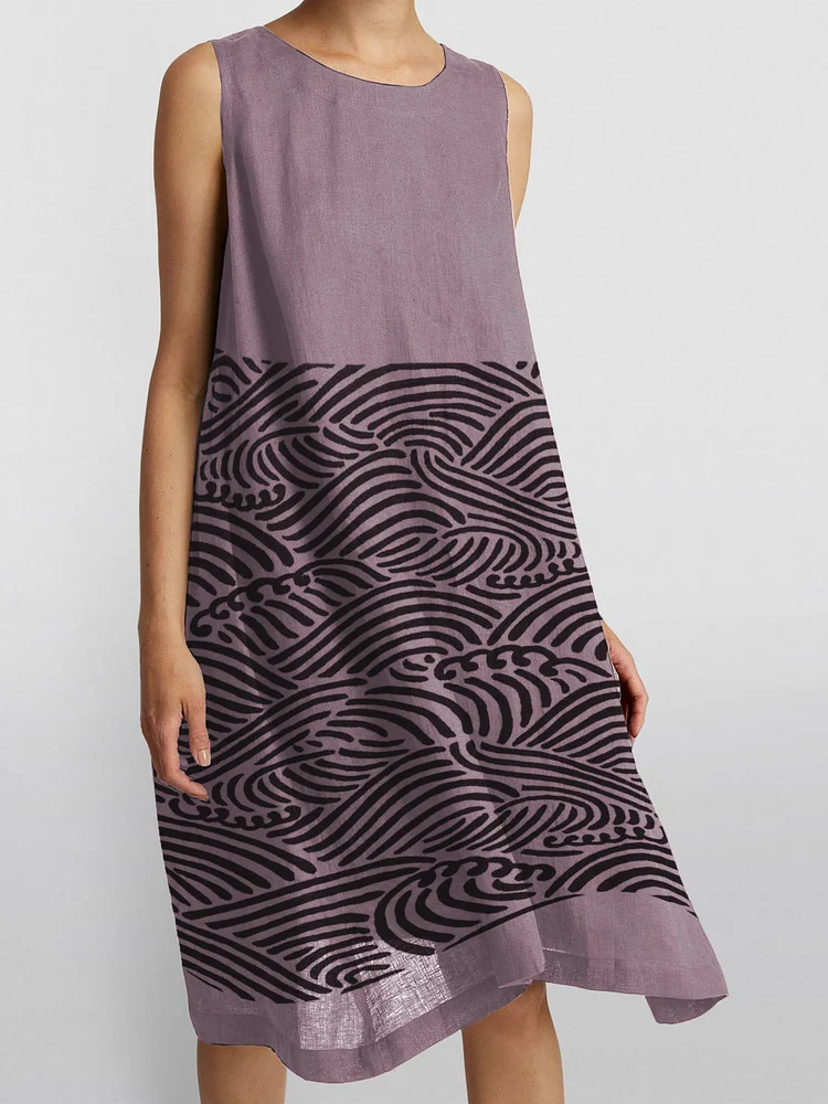 Cotton Linen Surf printed linen Sleeveless Midi Dress