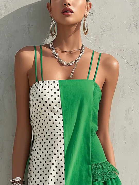 Green And Polka Dot Panel Lace Tiered Mini Dress